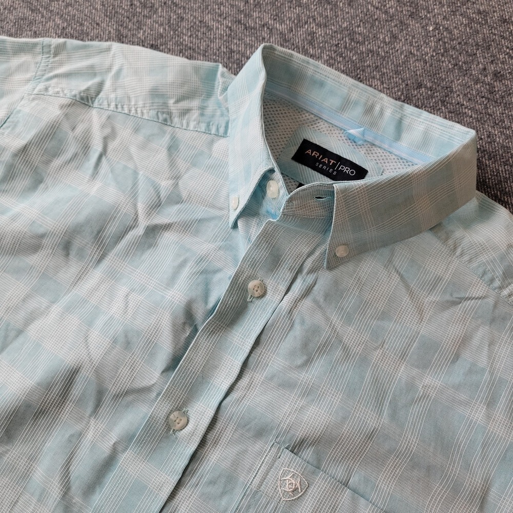 Ariat Pro Series Shirt Men's Large Teal Blue Plaid Short Sleeve Button Down